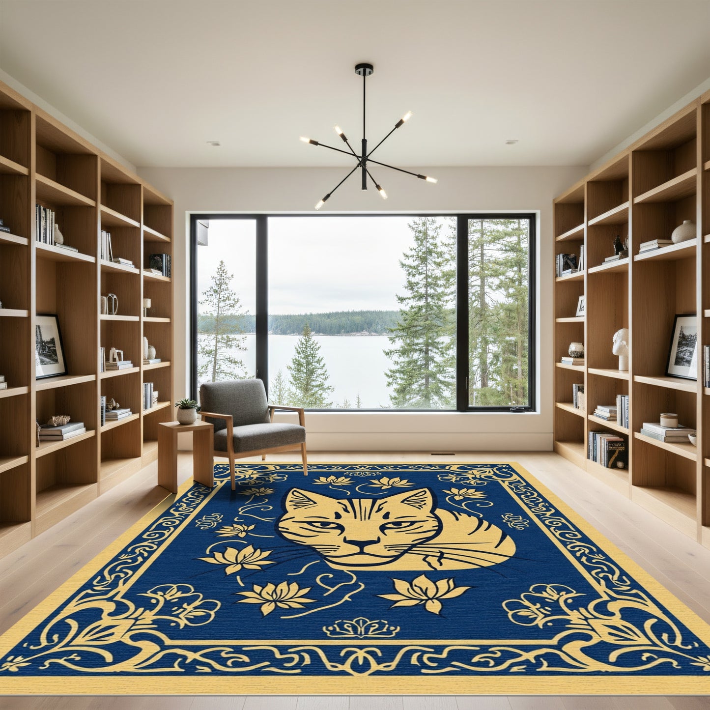 Golden Cat Blue Floral Border Rug