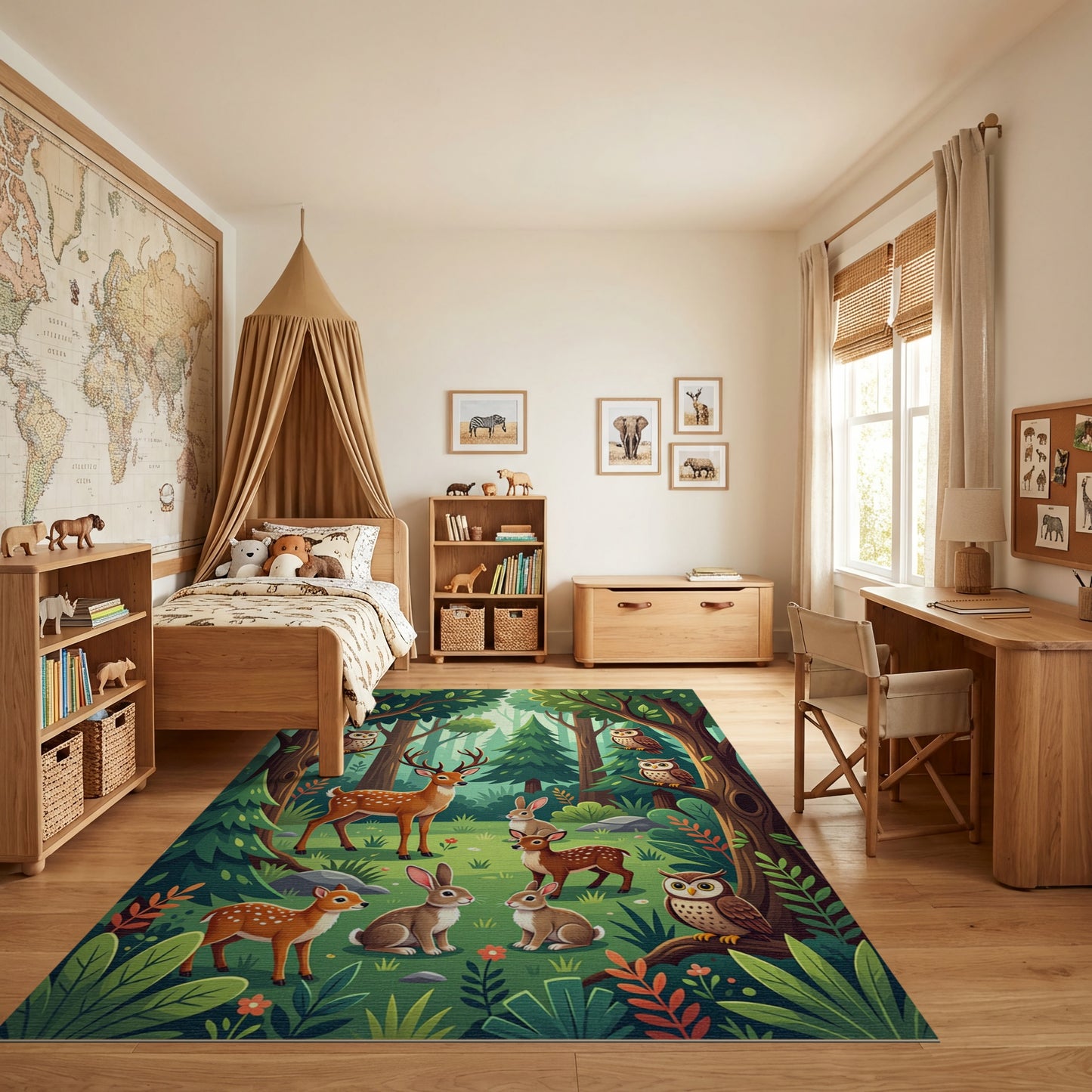 Whimsical Forest Deer Owls Rabbits Rug