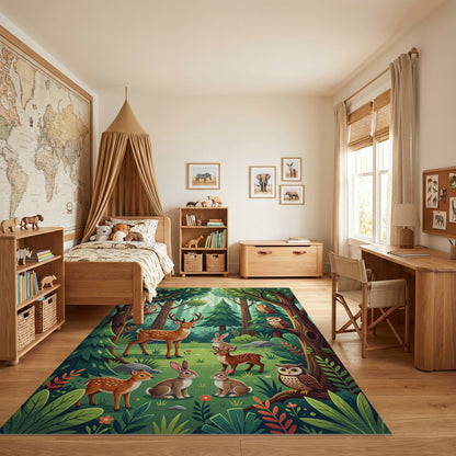 Whimsical Forest Deer Owls Rabbits Rug