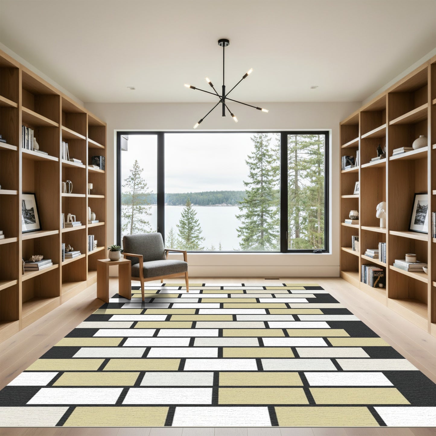 Neutral Geometric Block Grid Rug
