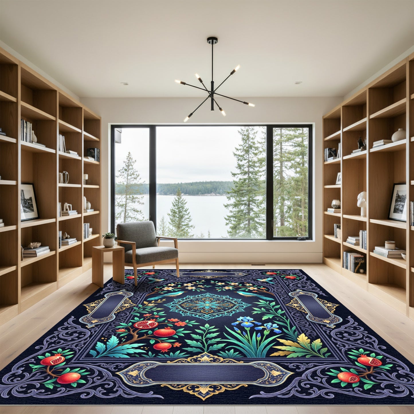 Navy Pomegranate Floral Bird Medallion Rug