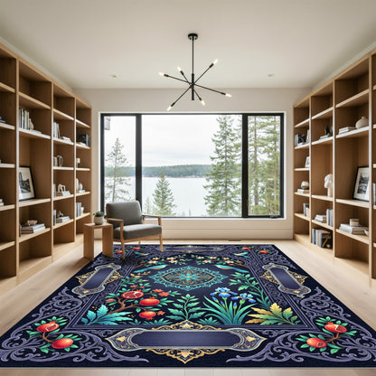 Navy Pomegranate Floral Bird Medallion Rug