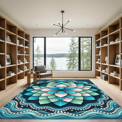 Teal Floral Lotus Medallion Rug