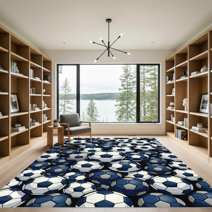 Dynamic Blue And White Soccer Ball Rug