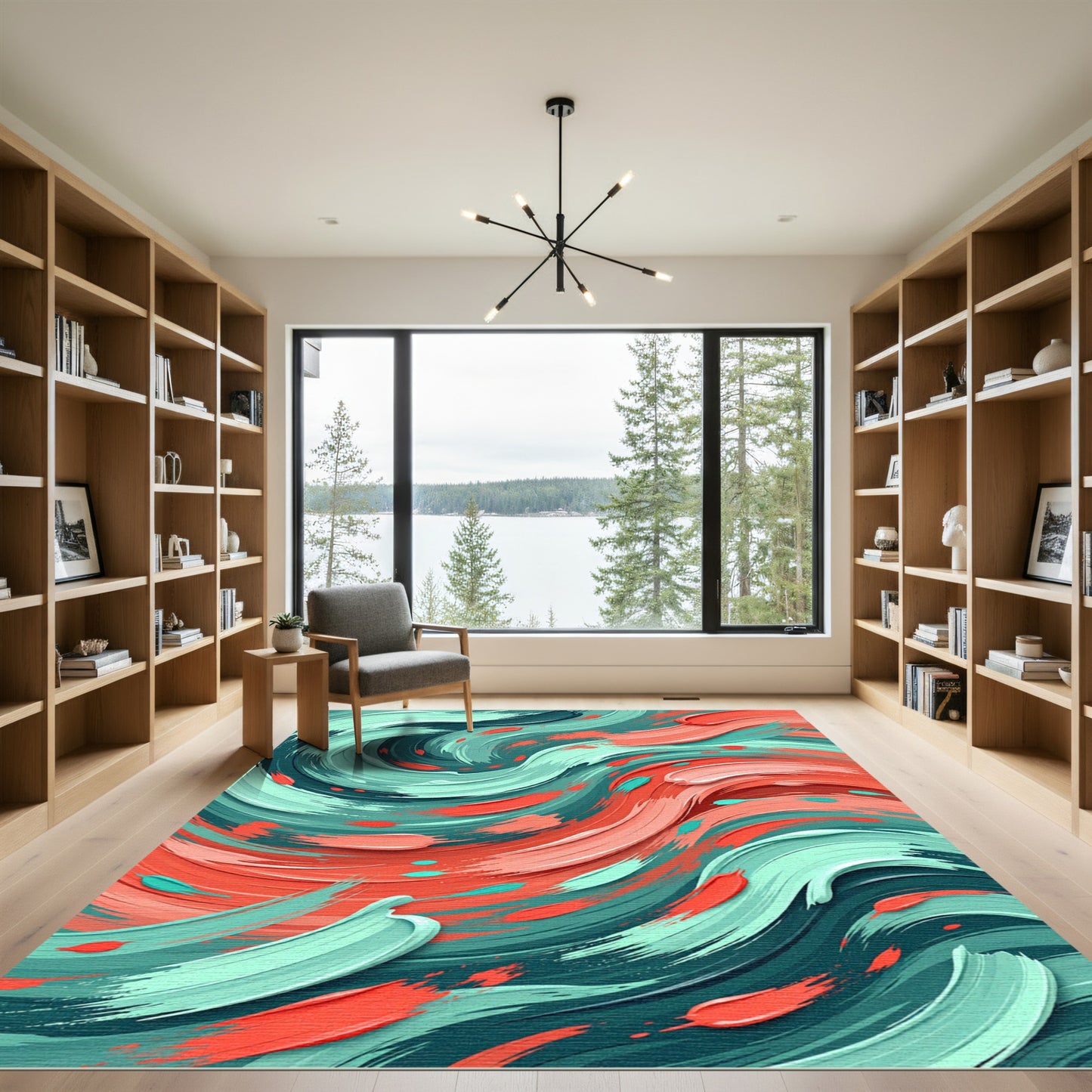 Vibrant Teal and Coral Abstract Wave Rug