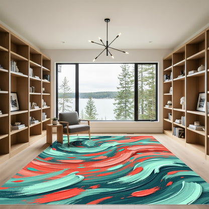 Vibrant Teal and Coral Abstract Wave Rug
