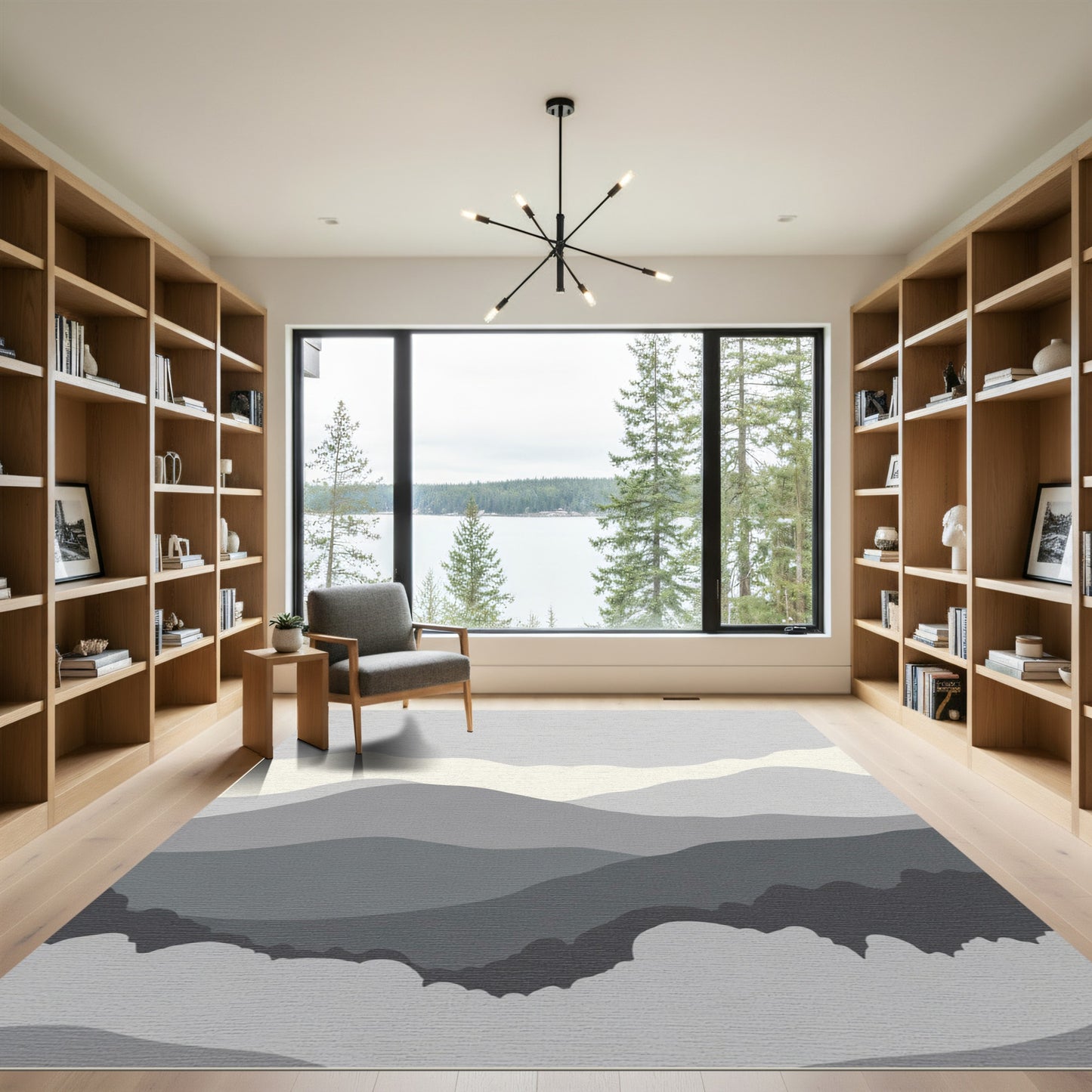 Monochromatic Gray Mountain Landscape Rug