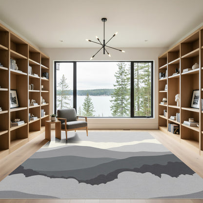 Monochromatic Gray Mountain Landscape Rug