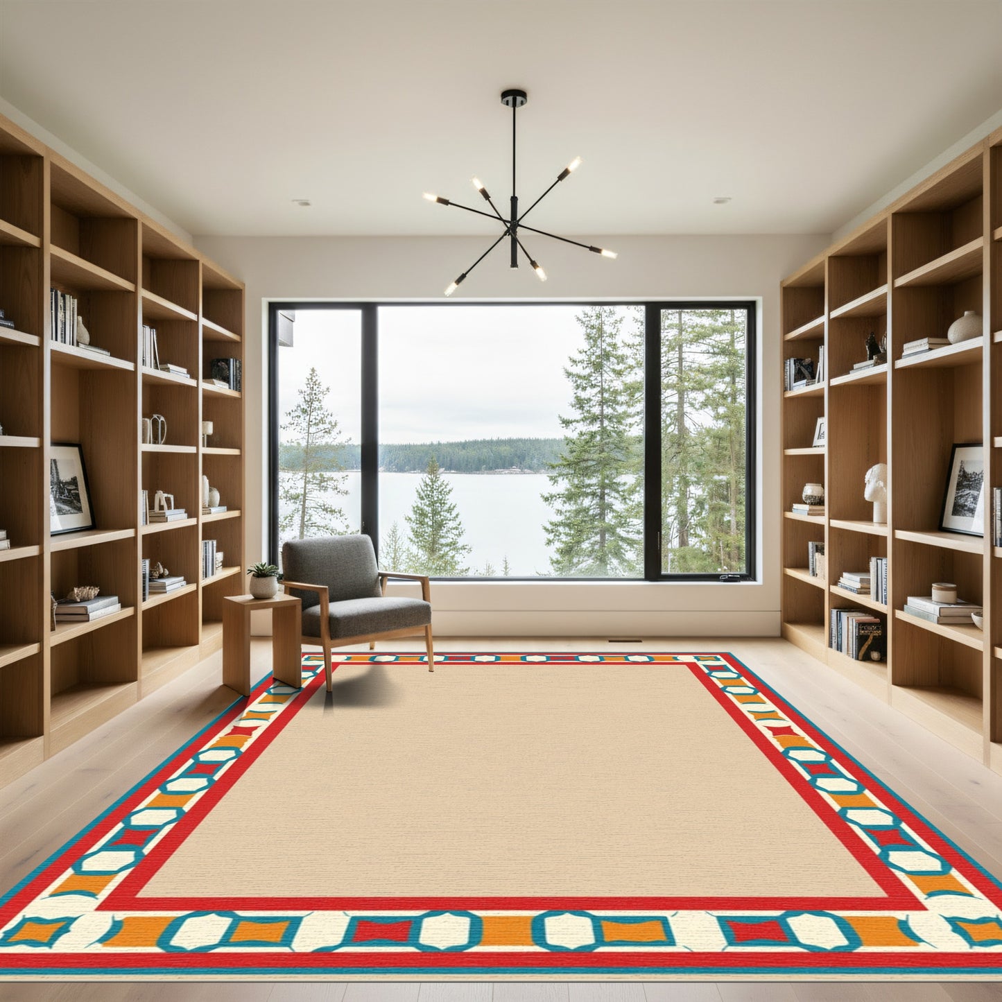 Red Teal Orange Geometric Border Rug