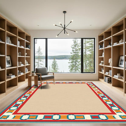 Red Teal Orange Geometric Border Rug