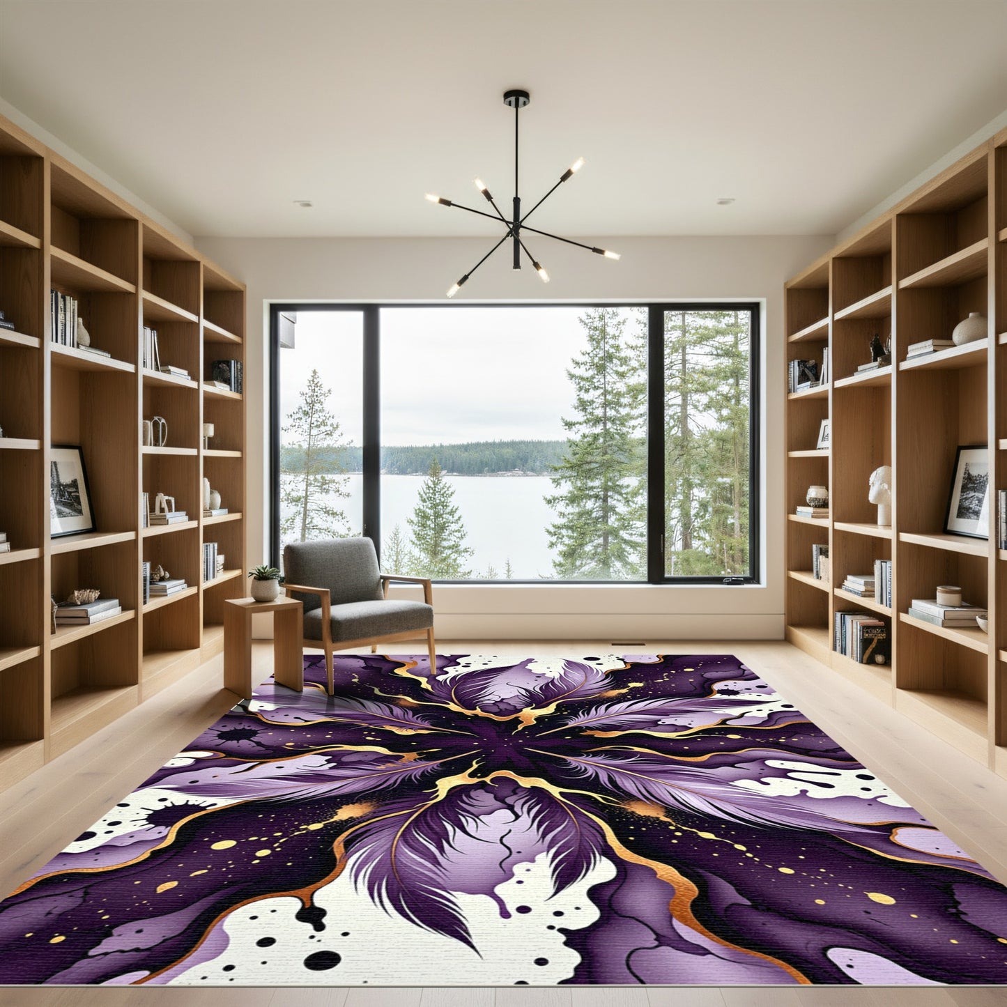 Purple Feather Abstract Gold Swirl Rug
