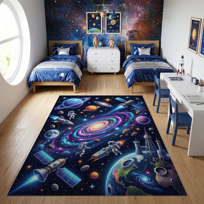 Vibrant Neon Cosmic Galaxy Astronauts Rug