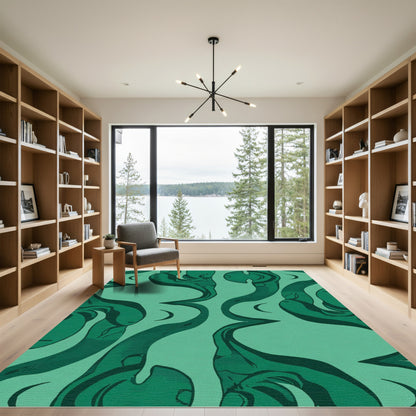 Deep Teal Swirling Crescent Motif Rug