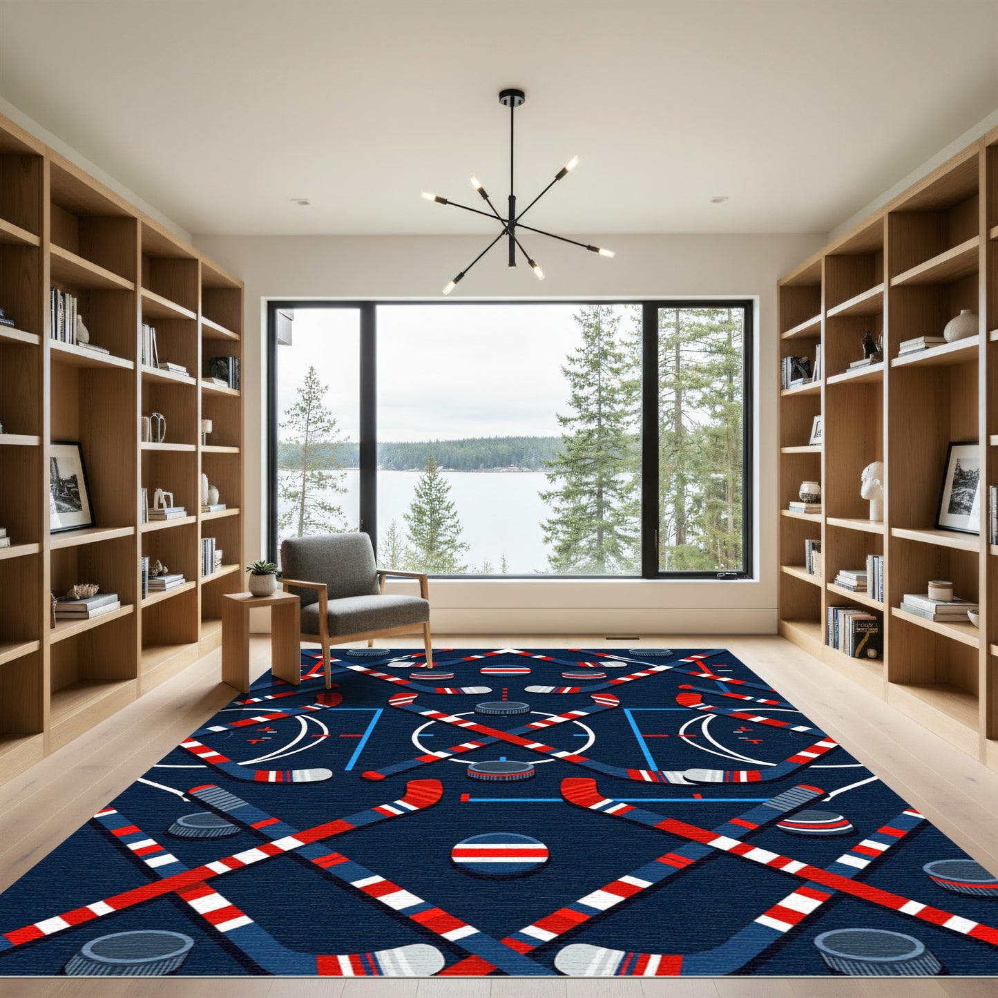 Geometric Hockey Stick and Puck Art Rug