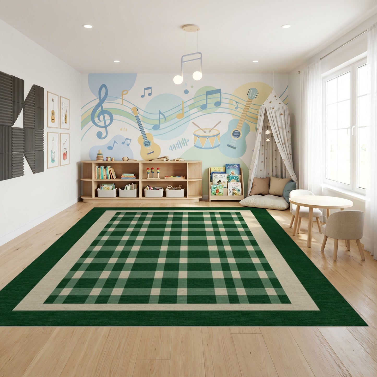 Green and White Checkered Border Rug