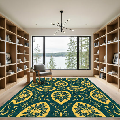 Golden Teal Ornate Medallion Rug