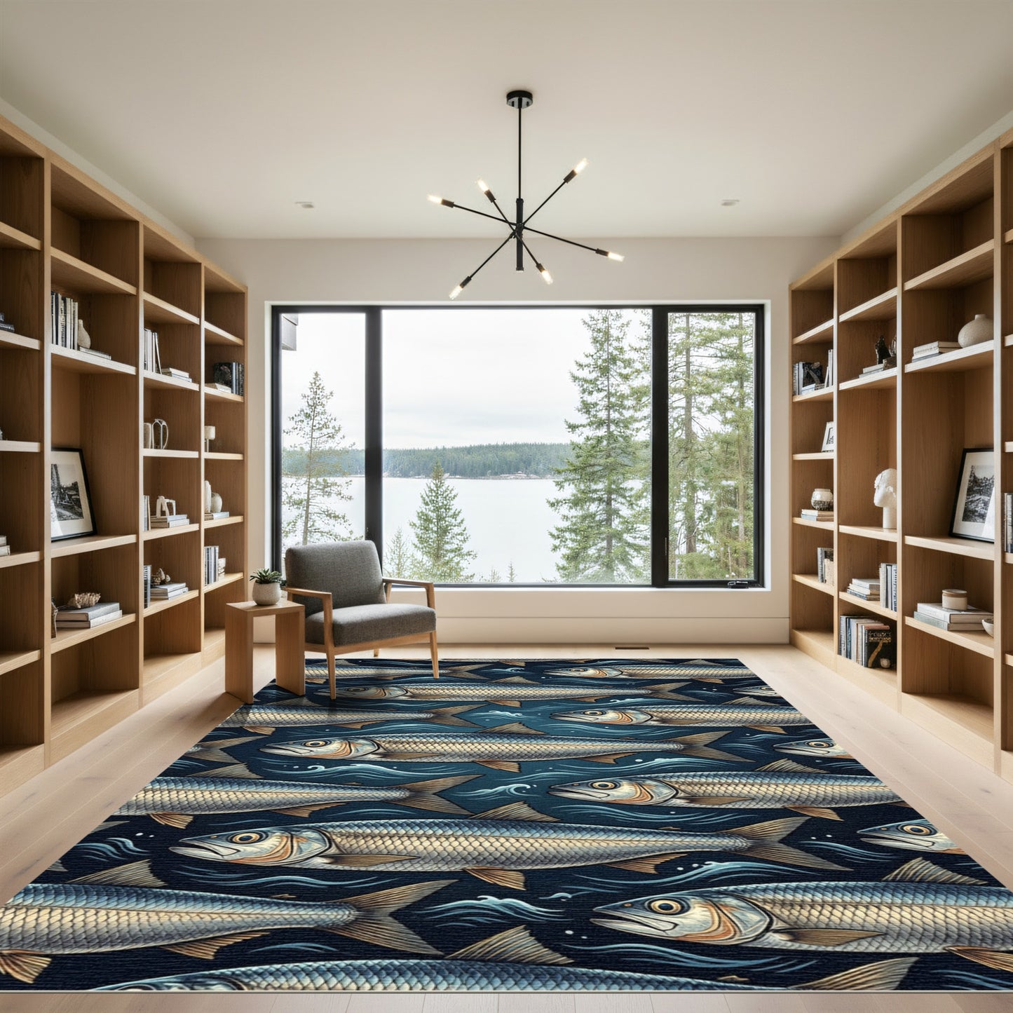 Midnight Blue Herring School Coastal Art Rug