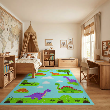 Whimsical Colorful Dinosaurs Trees Clouds Rug