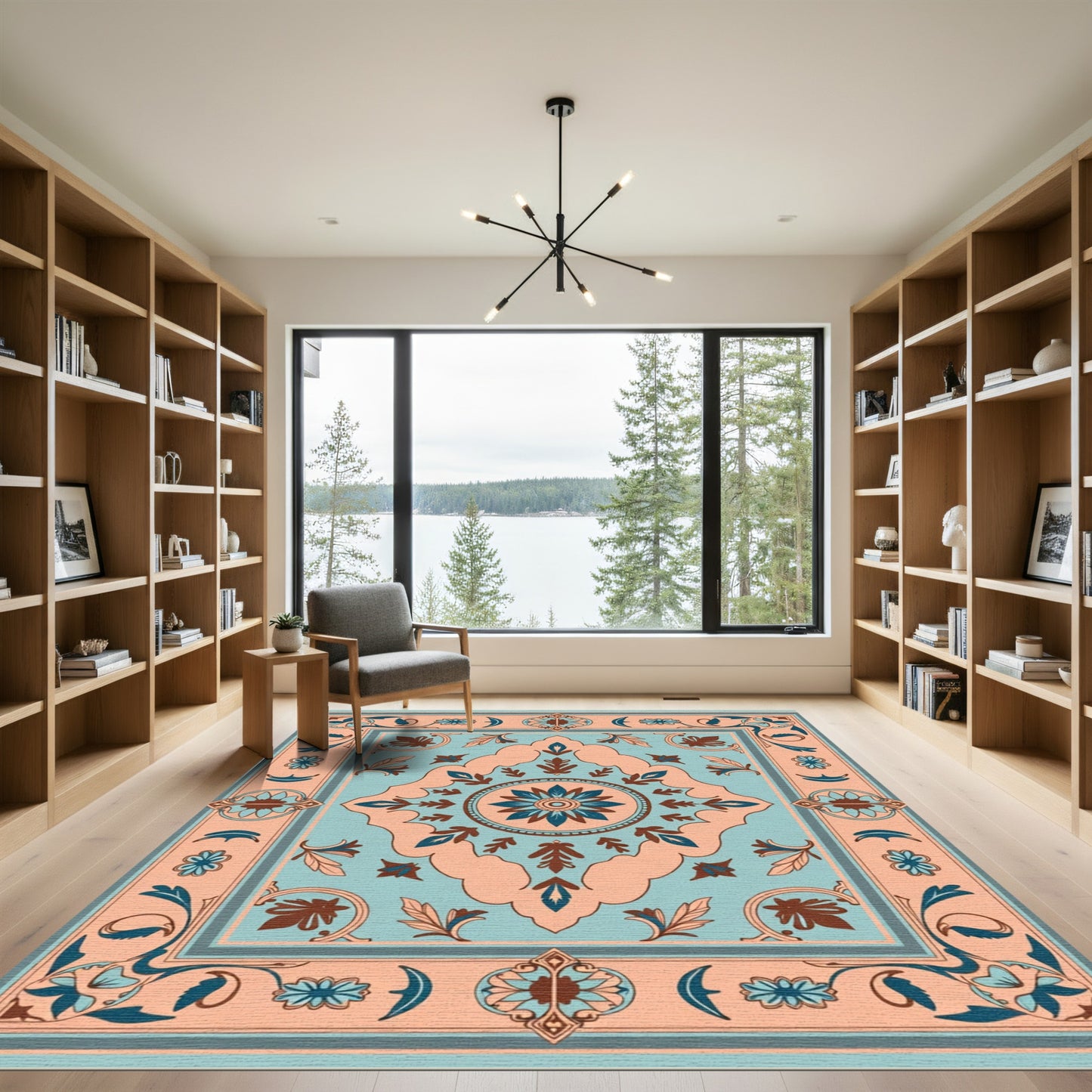 Peach Blue Floral Medallion Border Rug