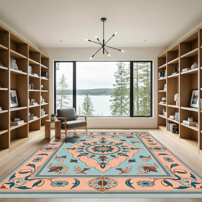 Peach Blue Floral Medallion Border Rug