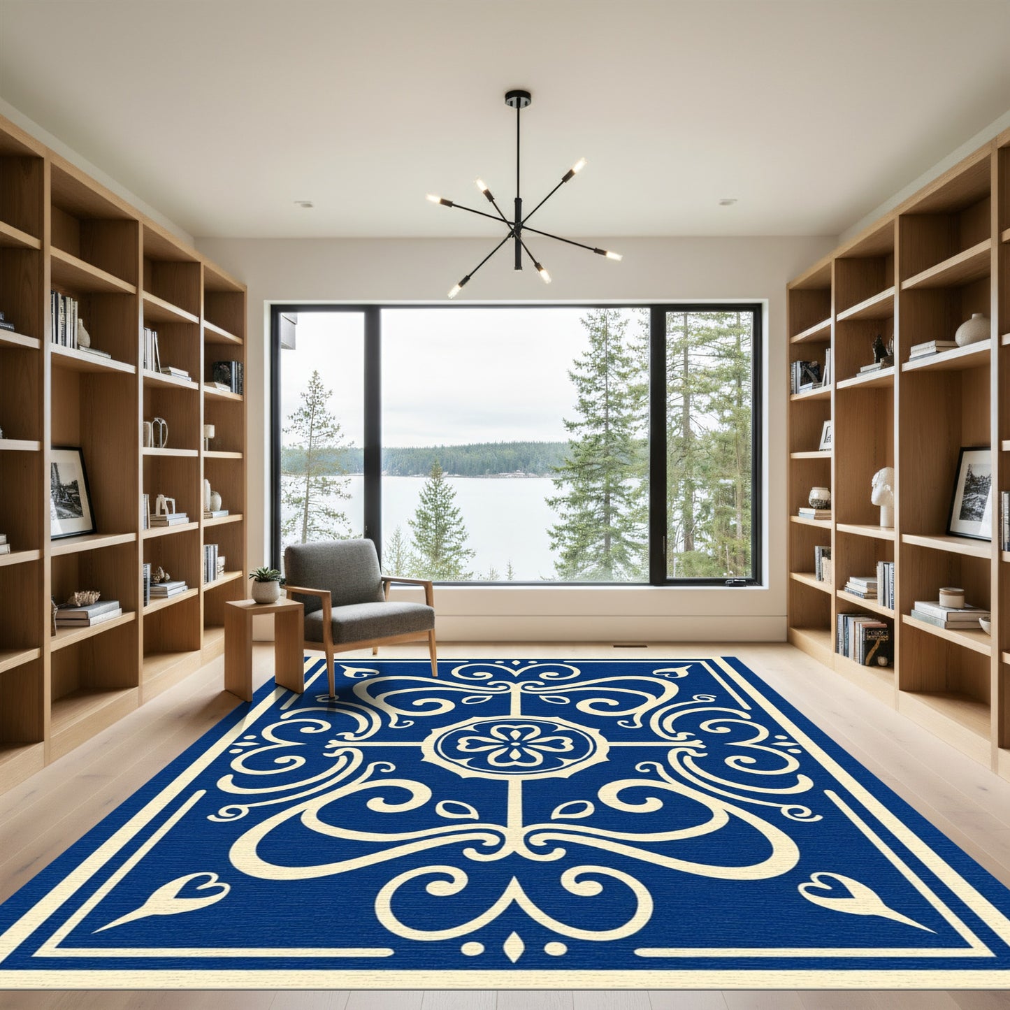 Classic Blue Ivory Scrollwork Mandala Rug