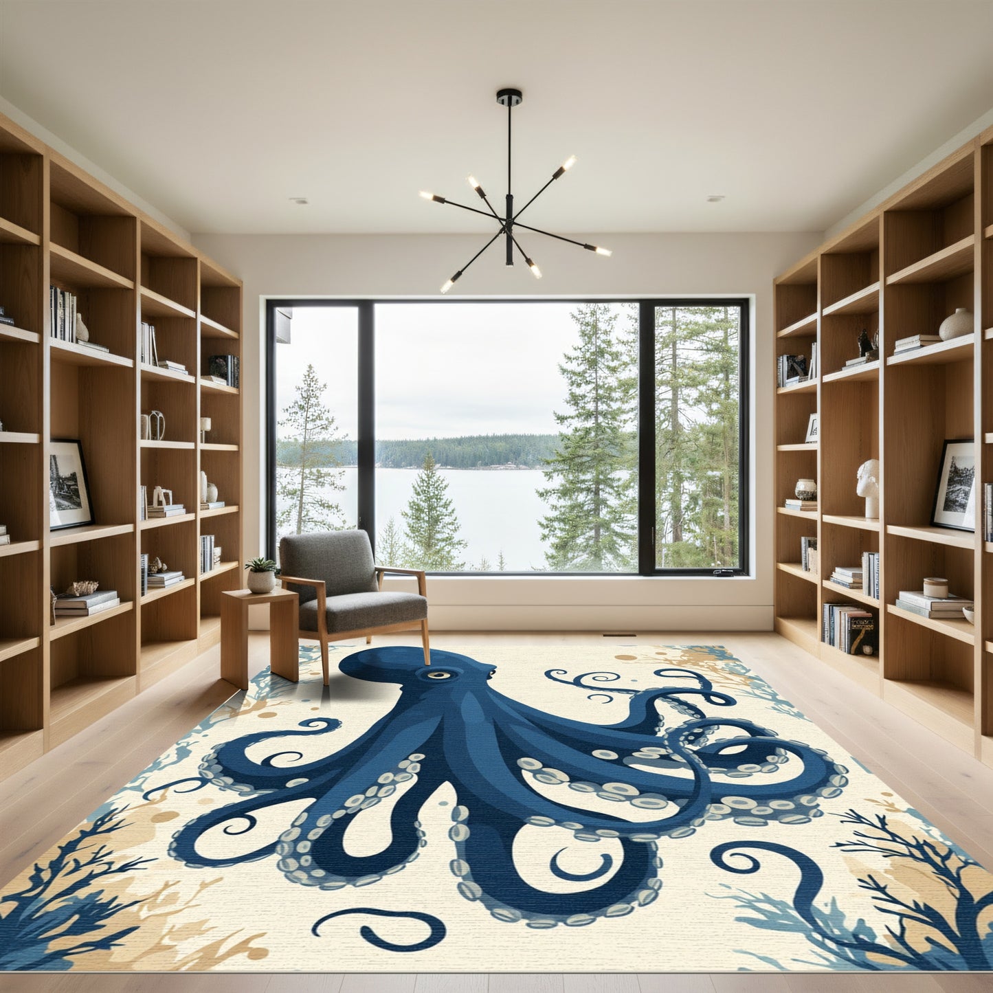 Deep Blue Octopus Seaweed Swirl Rug