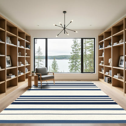Bold Navy Blue Tonal Stripe Rug