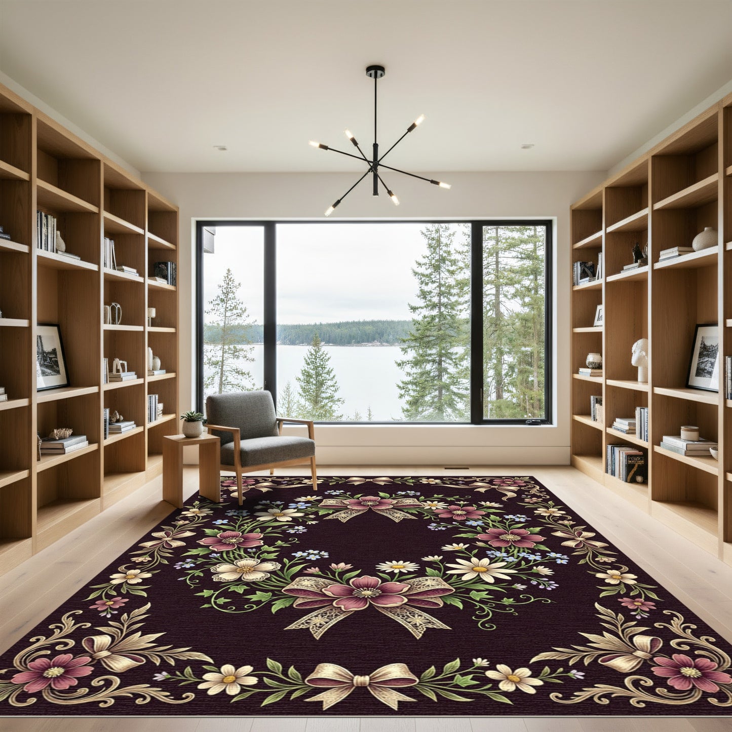 Elegant Floral Wreath Ribbon Dark Border Rug