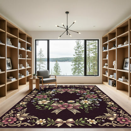 Elegant Floral Wreath Ribbon Dark Border Rug