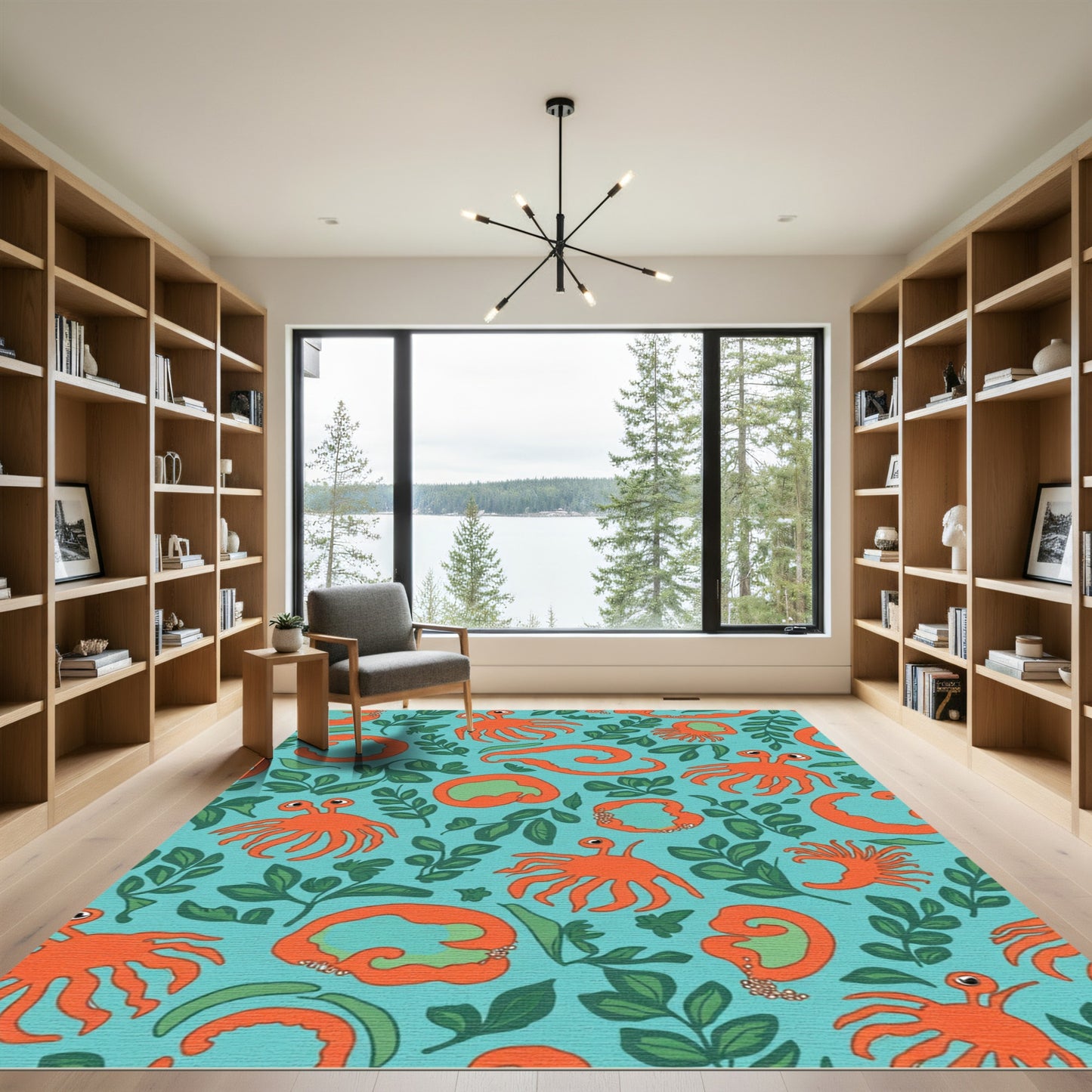 Aqua Orange Sea Creature Foliage Scene Rug