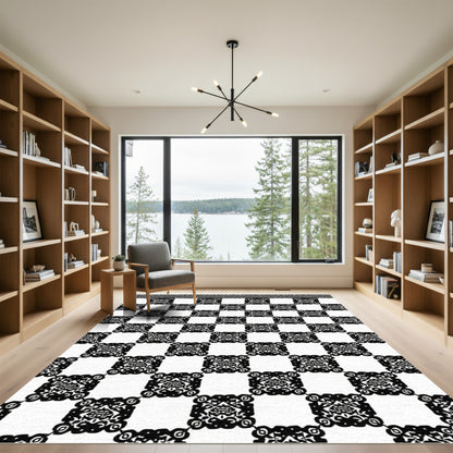 Chic Black White Checkerboard Ornament Rug