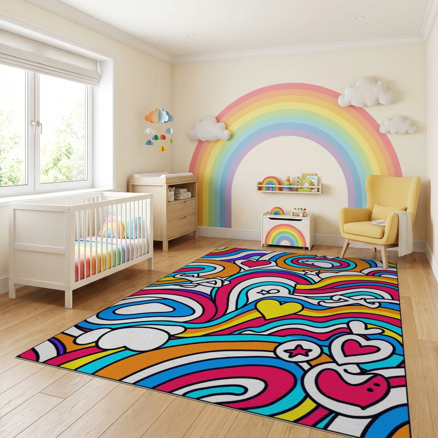 Vibrant Rainbow Wavy Hearts Stars Rug