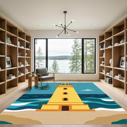 Coastal Yellow Lighthouse Beach Scene Rug