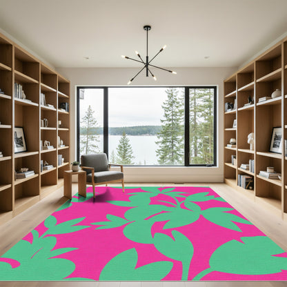 Bright Pink Green Leafy Branch Accents Rug