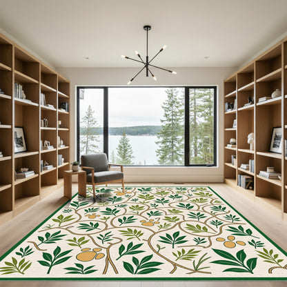 Cream Green Twig Paw Print Medallion Rug