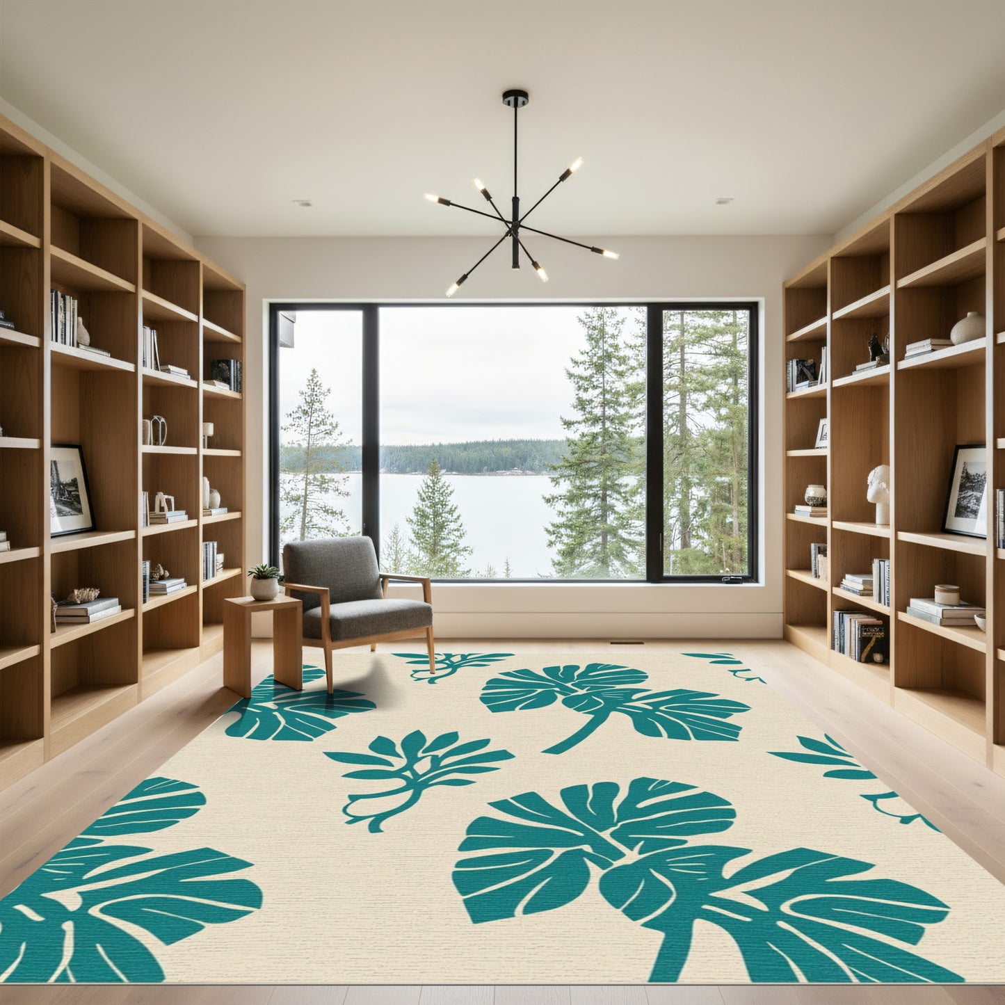 Teal Monstera Leaf Botanical Illustration Rug