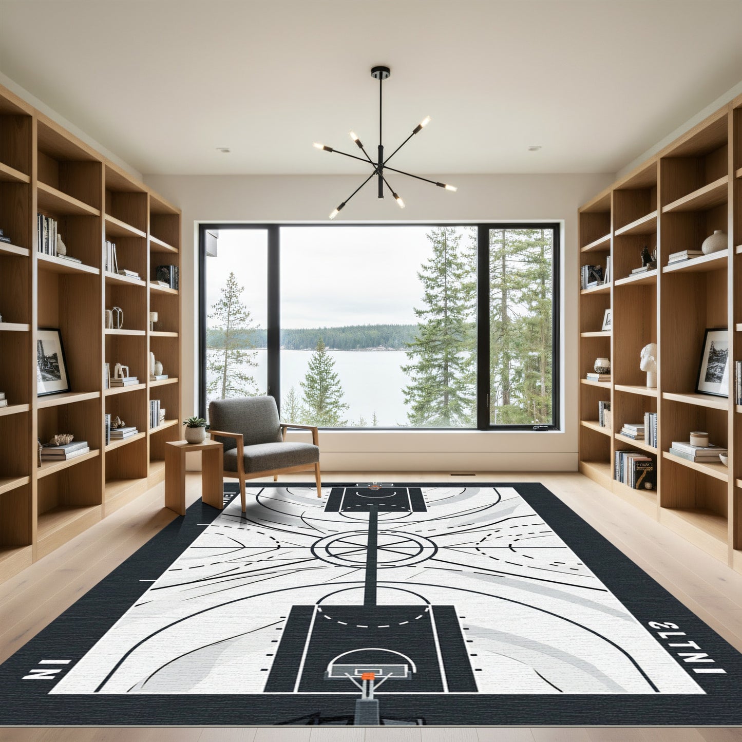 Minimalist Basketball Court Monochrome Geometric Floor Art Rug