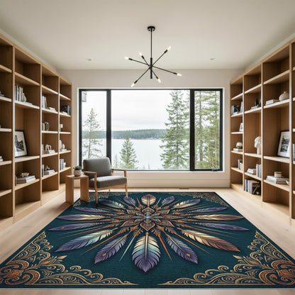 Teal Golden Feather Mandala Art Rug