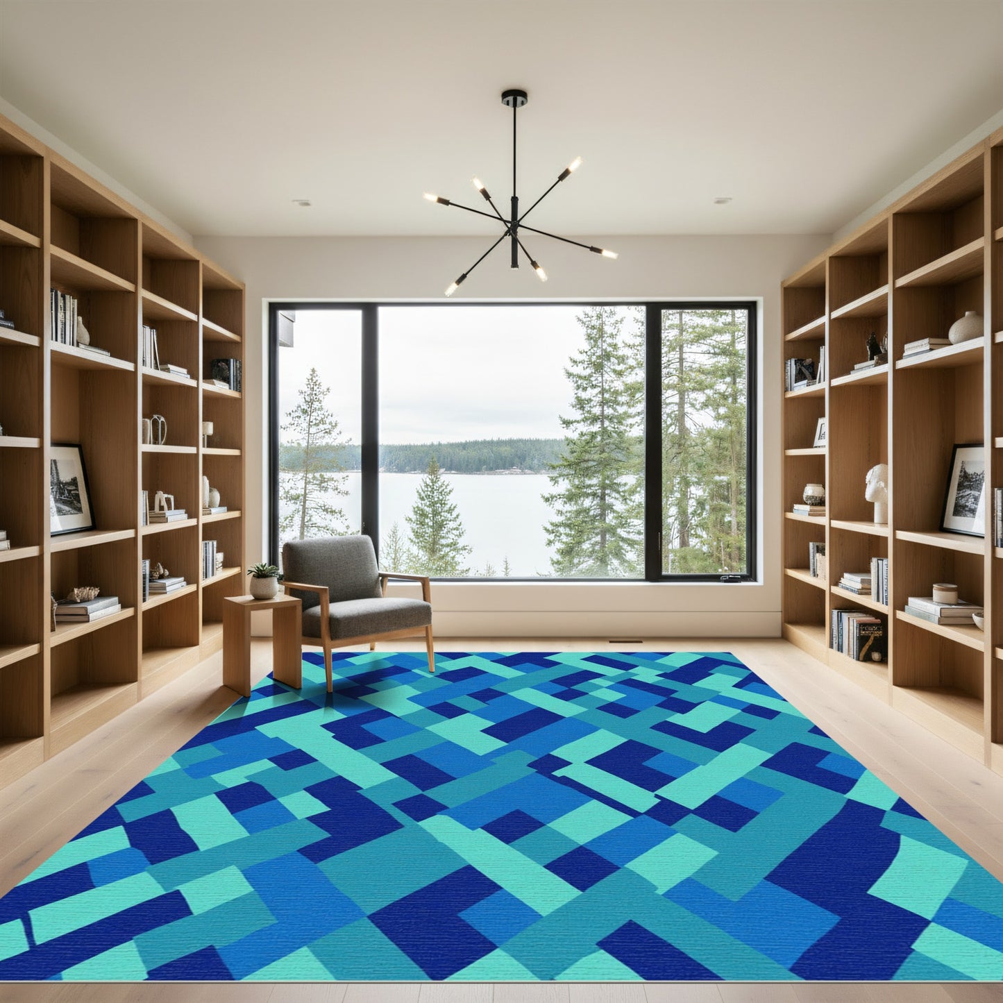Ocean Blue Interlocking Geometric Rug