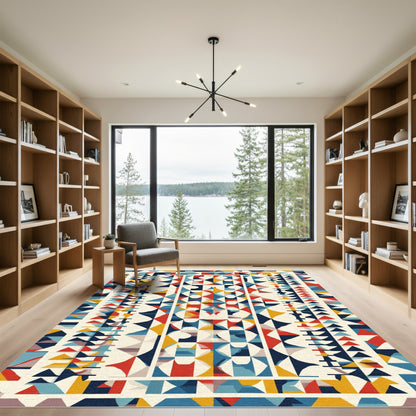 Bold Red Blue Geometric Abstract Arrangement Rug