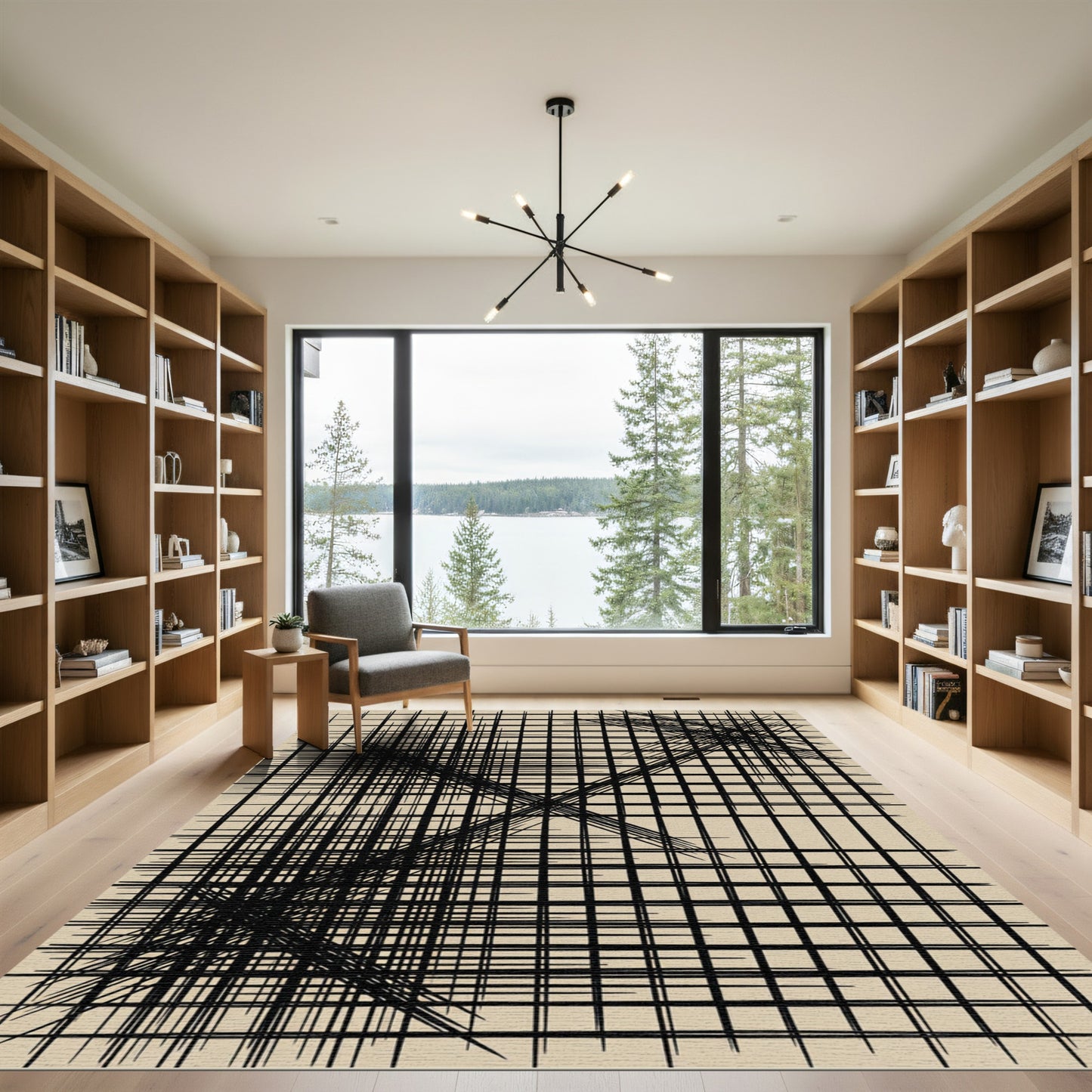 Modern Minimalist Black Grid Monochromatic Rug