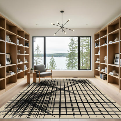 Modern Minimalist Black Grid Monochromatic Rug