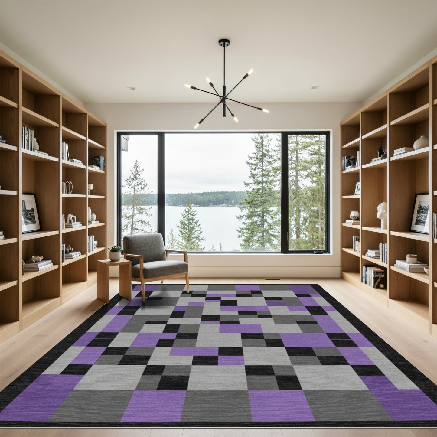 Modern Gray Purple Geometric Blocks Rug