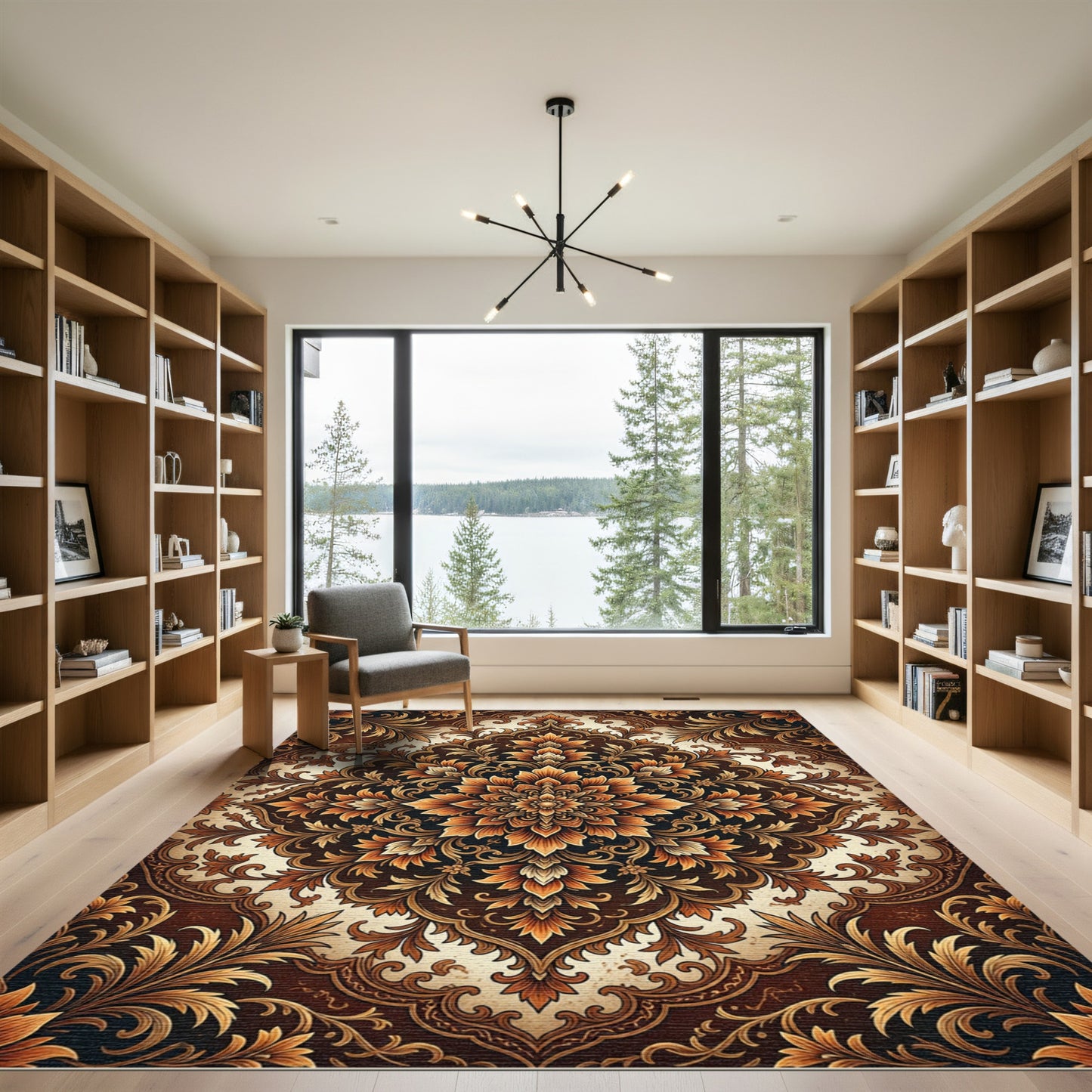 Elegant Amber Floral Medallion Scroll Rug