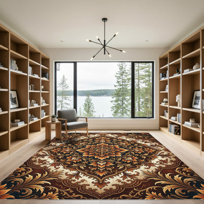 Elegant Amber Floral Medallion Scroll Rug