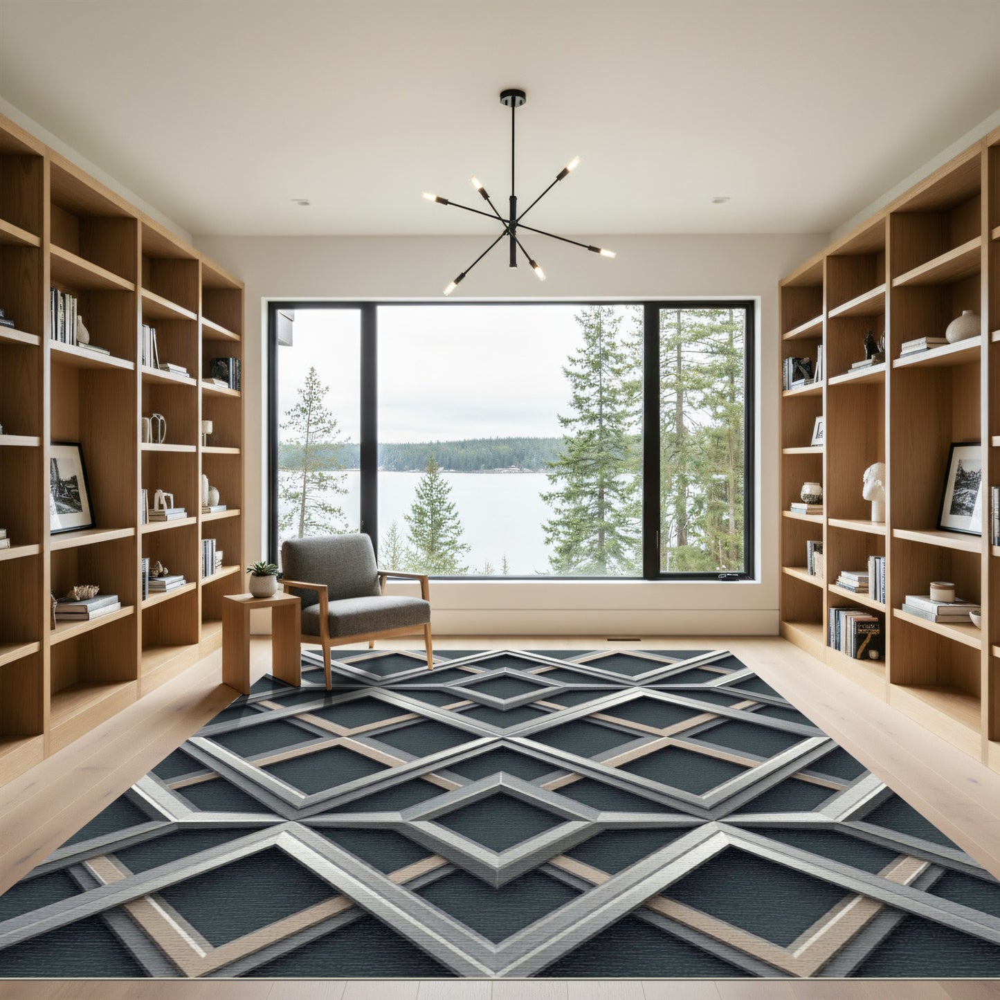 Sophisticated Gray Geometric Diamond Frame Rug