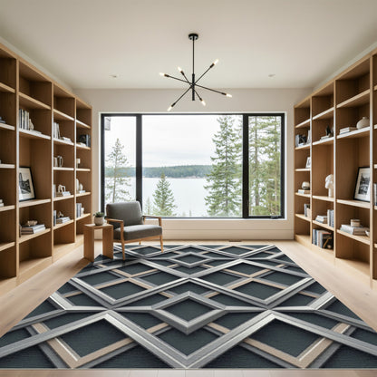 Sophisticated Gray Geometric Diamond Frame Rug