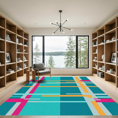 Modern Teal Orange Plaid Graphic Rug