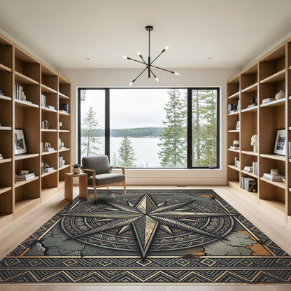 Metallic Compass Star Geometric Emblem Rug