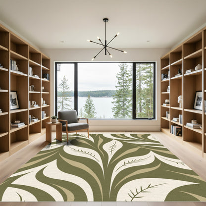 Olive Cream Stylized Leaf Swirl Rug